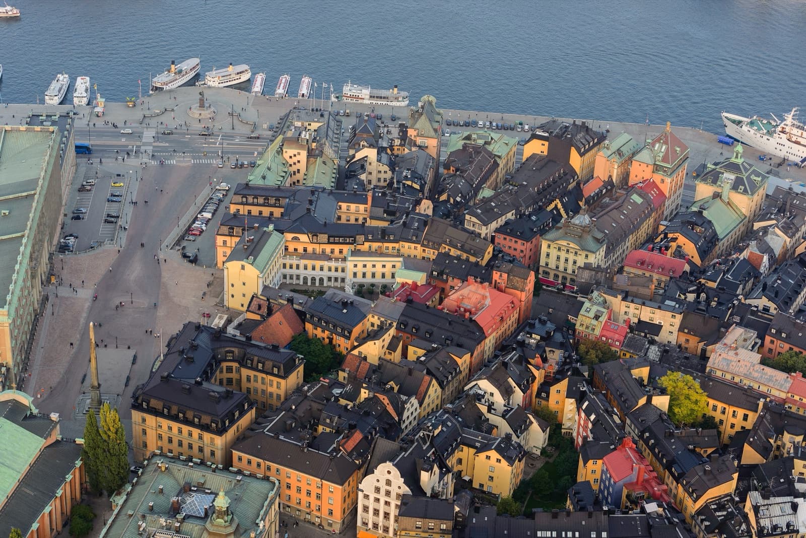 Gamla Stan, the Old Town of Stockholm, with colourful buildings packed onto an island