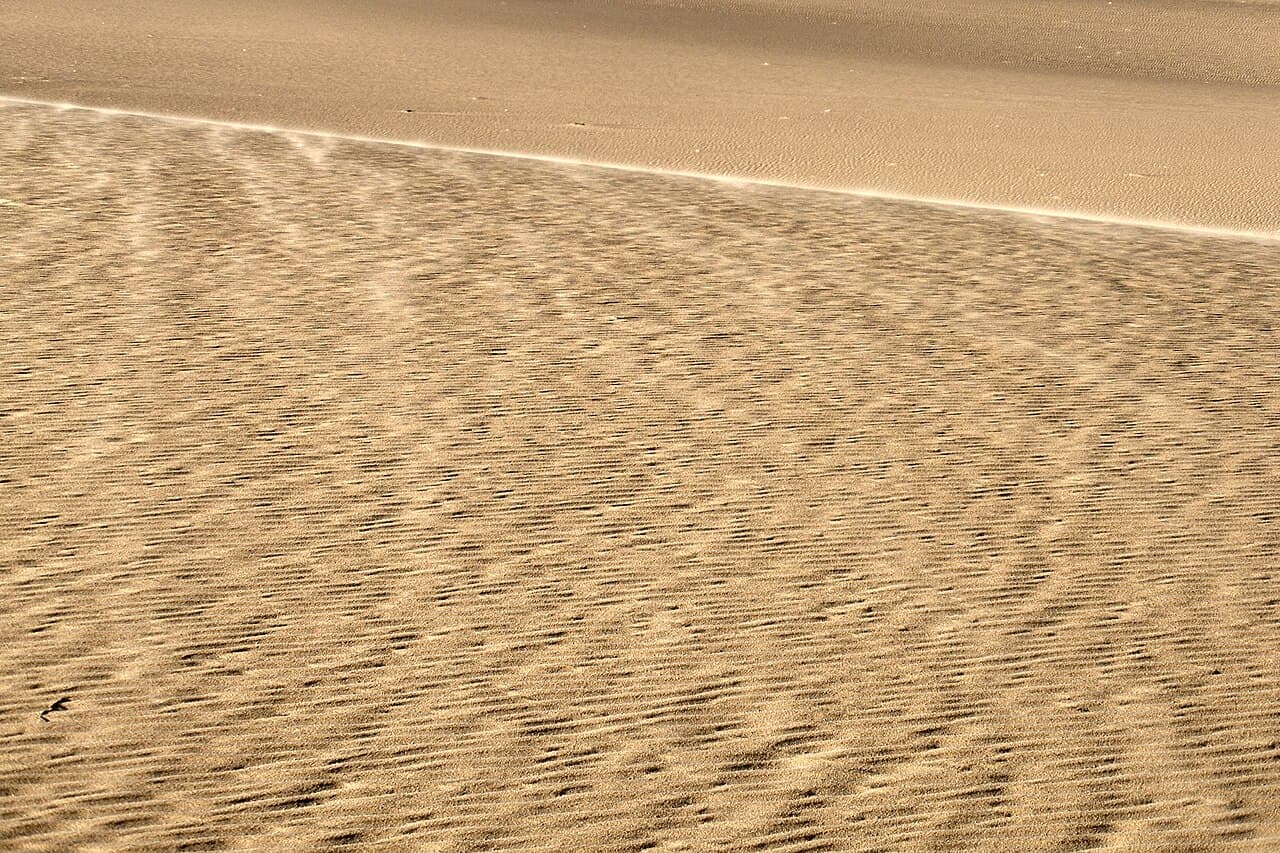 Golden sand dunes of the Tunisian Sahara stretching to the horizon under a blue sky